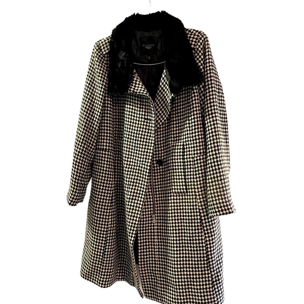 Talbots black and white checkered faux fur trench coat SZ 14W